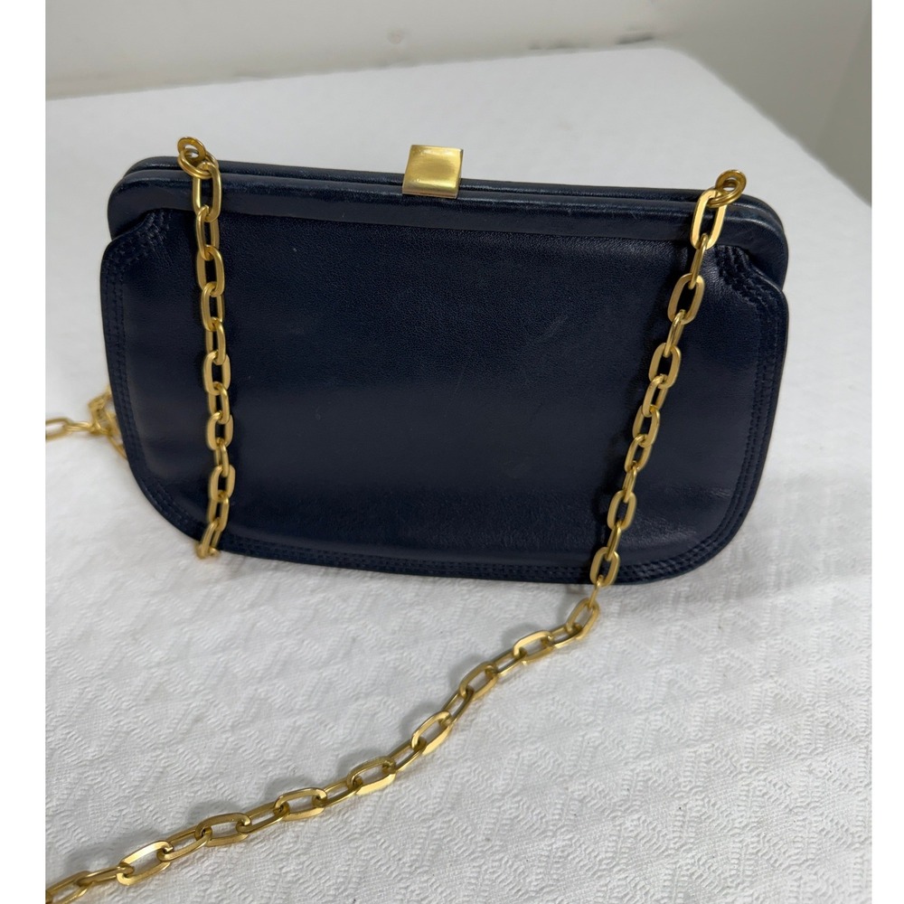 Liz Claiborne Vintage Navy Blue Leather Frame Crossbody Bag Gold Chain Strap